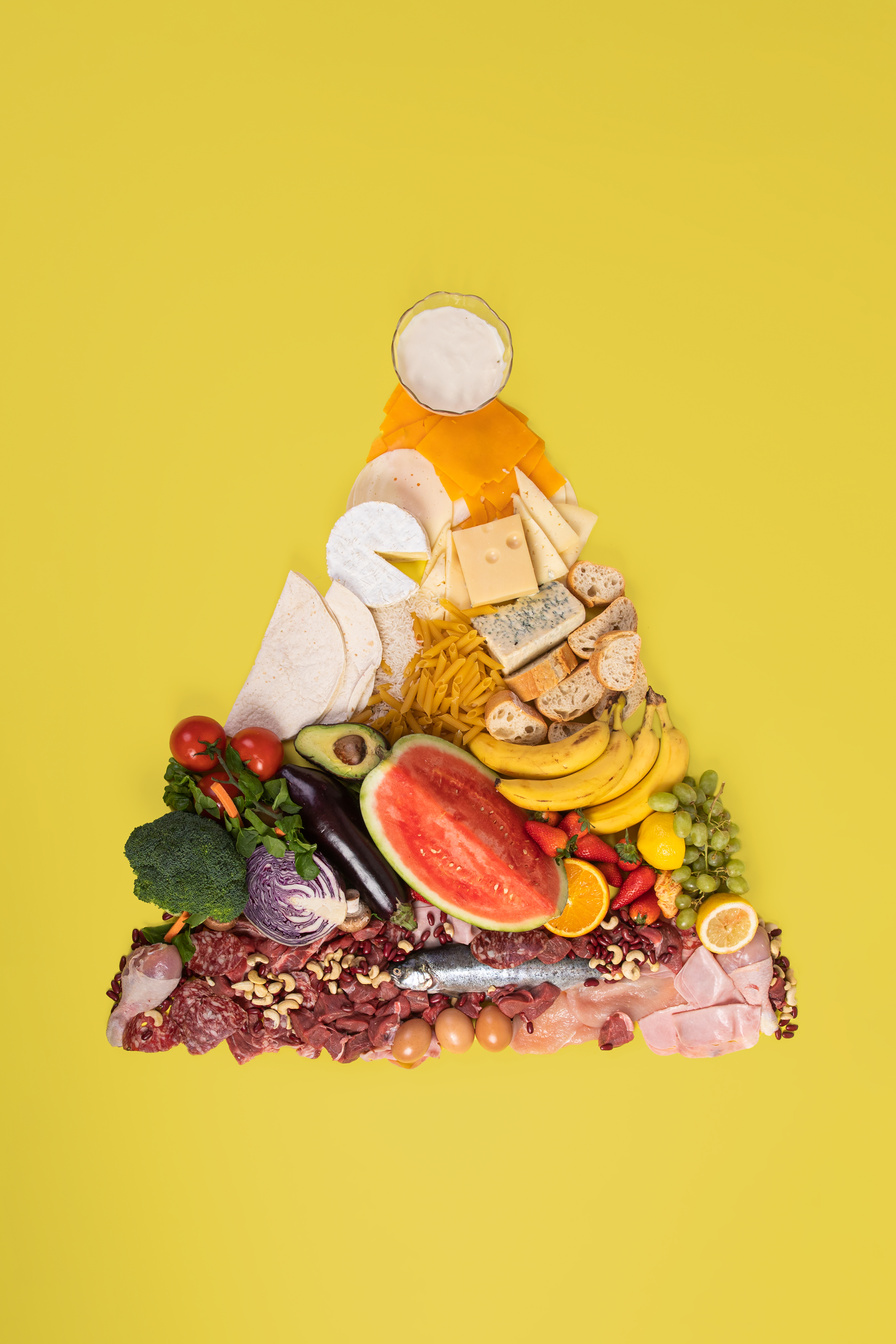 Food Pyramid and Balanced Diet on Yellow  Background